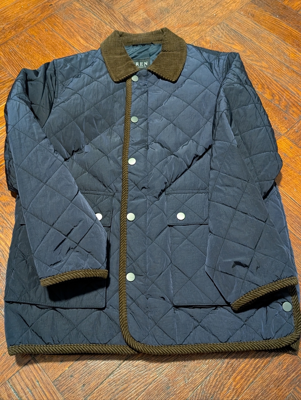 Lauren Ralph Lauren Navy Quilted Jacket with Brown Corduroy Trim